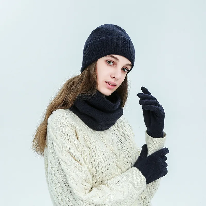 

Women's Knitted Three-Piece Sets Velvet Scarf&Hat Touch Screen Gloves 2020 Winter Solid Color Thick Scarf Female