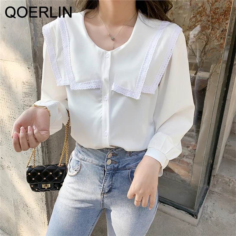

QOERLIN Doll Collar Chiffon Blouse Women 2021 Spring Autumn Shirt Female Puff Sleeve Shirt Button Up Elegant Shirts Plus Size