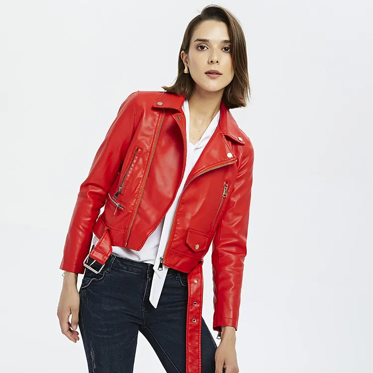 Autumn Winter Belt Zipper Basic Leather Jacket Pu Coat Motorcycle Biker Jacket Women Outwear Black Red Slim Short Winter Jacket
