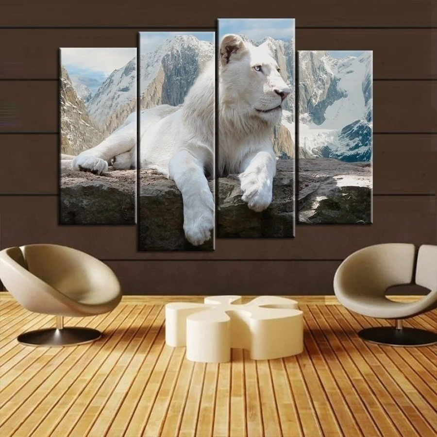

4 Pcs White Lion Wall Art Canvas Paintings Home Decor Animal Poster For Living Room Modern Posters And Prints Unframed