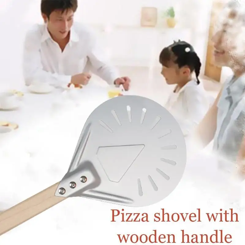 

Portable Round Steel Pizza Shovel Wooden Handle Home Baking Oven Pizza Rotate Punching Peel Shovel
