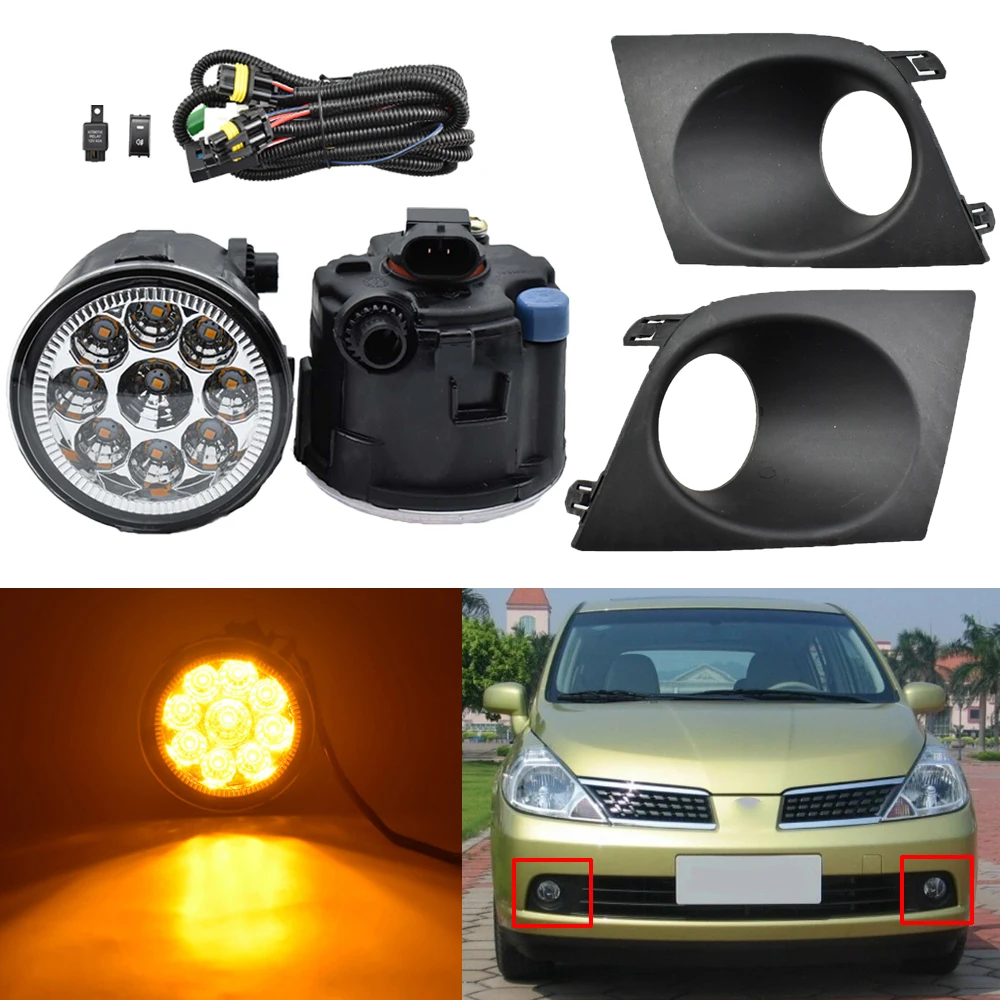 

1pair Car Front Fog Light Kit For Tiida /Latio Style 2007 2008 2009 2010 with Fog Lamp Hood Cover and wire