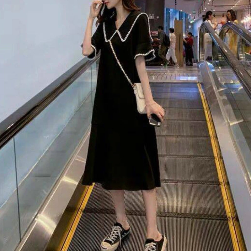 Женское черное популярное свободное платье 4XL модное лоскутное с матросским