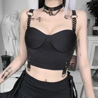 women dark punk shirt street style black chain locomotive personality vest metal spaghetti straps backless sleeveless tank top