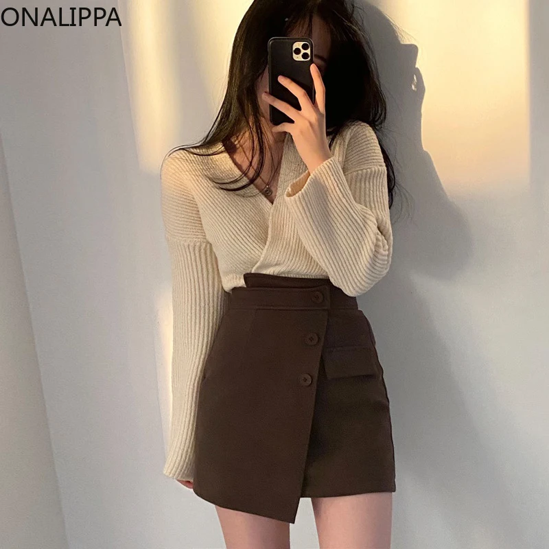 Женское платье ONALIPPA в Корейском стиле универсальный вязаный свитер с V-образным