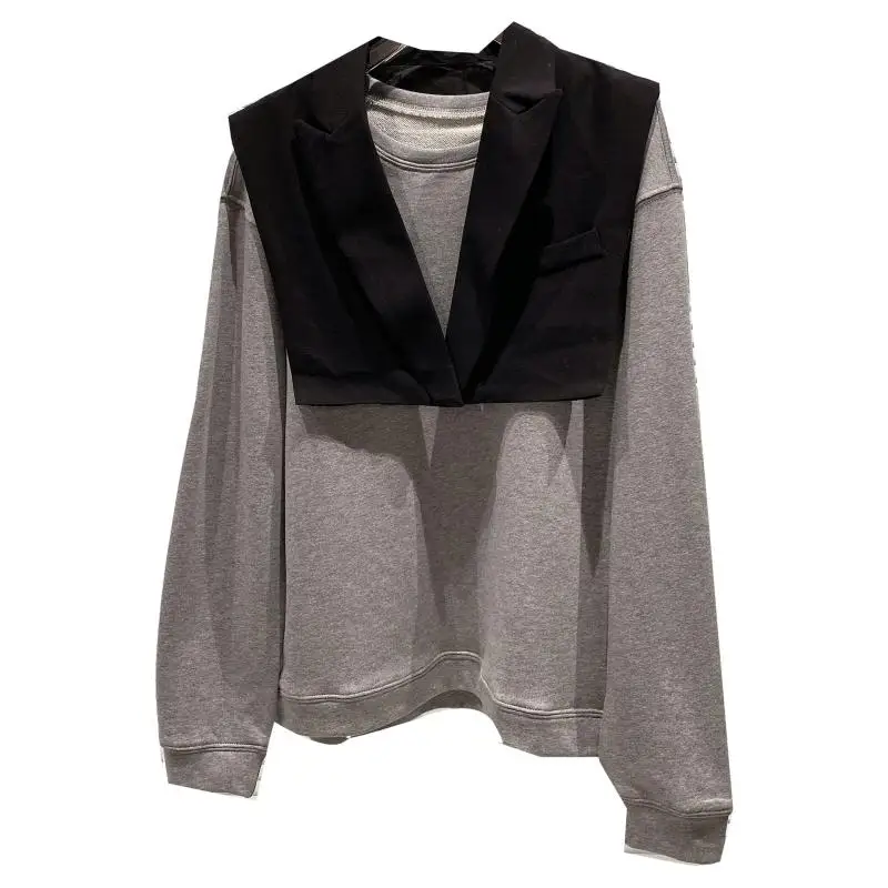 

SONDR 2020 Autumn New Women Pullovers Suit Collar Shawl Design White Round Neck Two-piece Sweatshirt