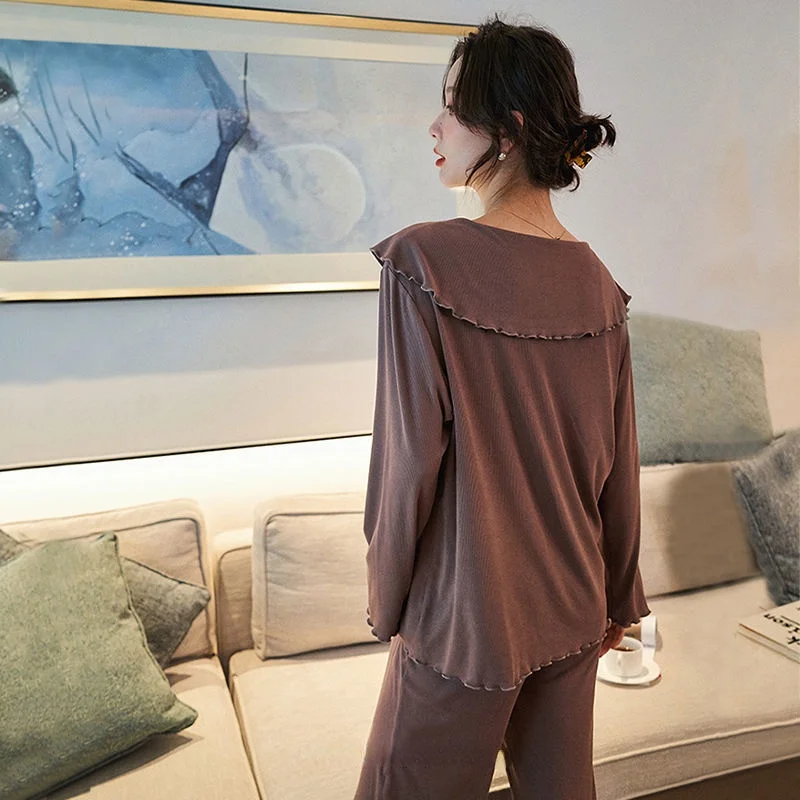 QWEEK Kawaii Pajamas Clothing Sets for Pregnant Women Autumn Two Piece Sleepwear Cute Pijama Solid Pyjama Suit Plus Size 3XL 4XL