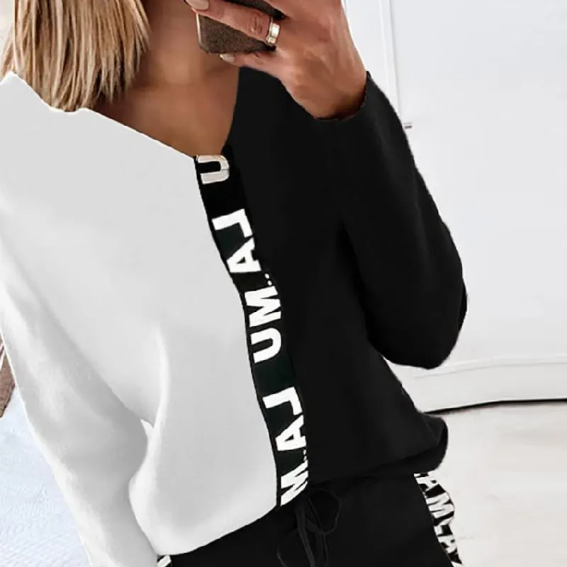 

Letter Print Spliced Women Homewear Suits V-neck Pullover Tops And Drawstring Pants Ladies Tracksuit Spring Casual Loungewear