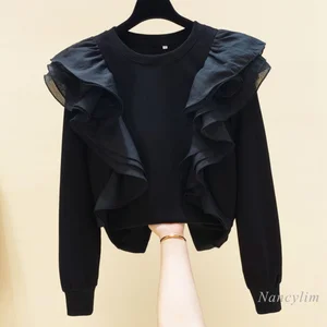 Толстовка Женская сетчатая с оборками, пуловер с круглым вырезом и капюшоном, новинка сезона осень-зима 2020, свободный винтажный пуловер, Свитшот