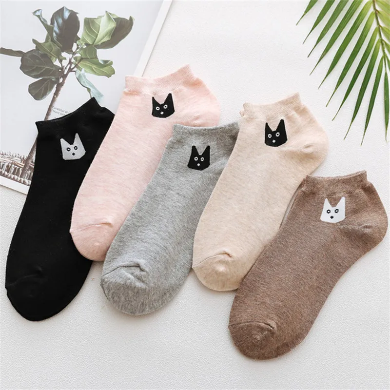 20-5Pairs 5 пар, женские хлопковые носки с рисунками животных, розовые милые короткие носки с котом, короткие носки, повседневные носки с ушками животных и красными сердечками для девочек, Размеры 35-40 - Цвет: 20-5Pairs