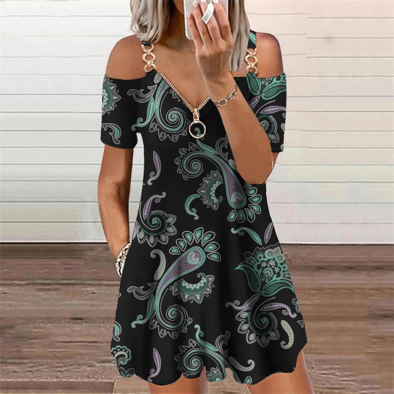 

Vintage Paisley Mini Dress for Women's Clothing Summer 2021 New Casual Loose Camisole Zipper Sleeveless V-Neck Print Dresses 5XL