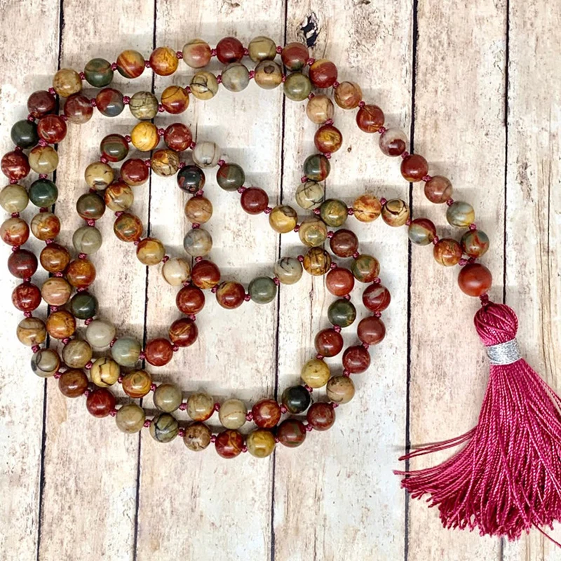 

Woman Self-discipline 108 Mala Beads Yoga Meditation Picasso J-asper Knotted Tassel Necklace Natural Stone Gift