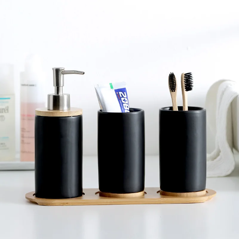 

Ceramic Bamboo toothbrush holder cup Bathroom accessories set Tumblers Bathroom Emulsion Container Dishwashing Liquid Container