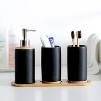ceramic bamboo toothbrush holder cup bathroom accessories set tumblers bathroom emulsion container dishwashing liquid container