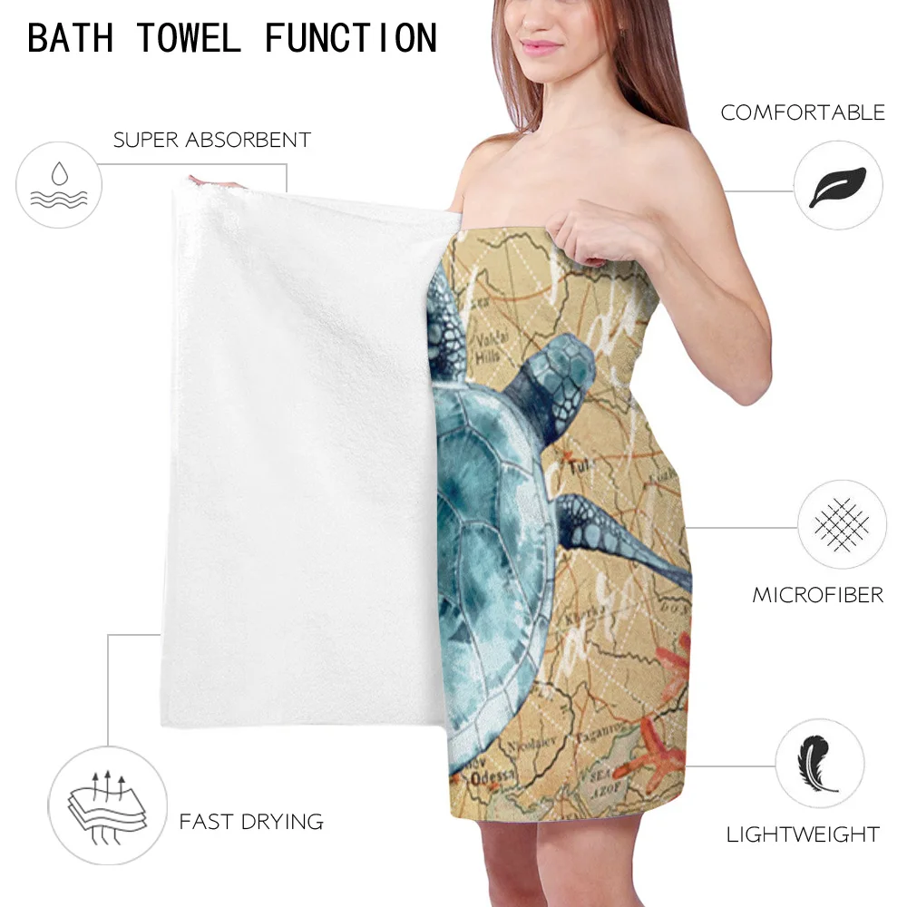 Nautical Theme Sea Turtle Retro Map Bath Towel Camping Bathroom Accessories Face Microfiber Beach | Дом и сад