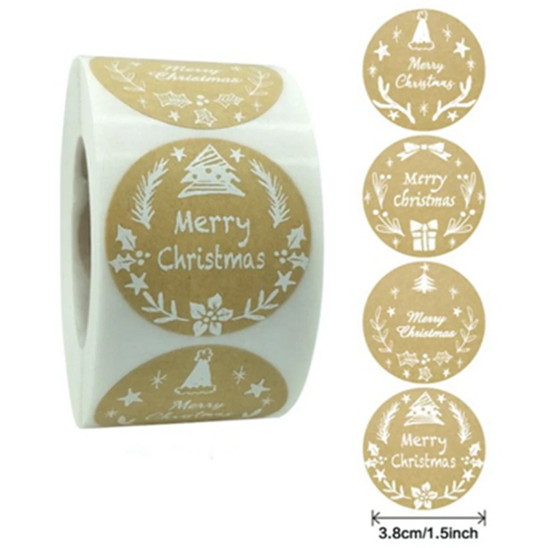 

500pcs Merry Christmas Thank You Stickers Seal Labels for Envelope Gift Package Kraft paper Christmas white font Holiday Decor