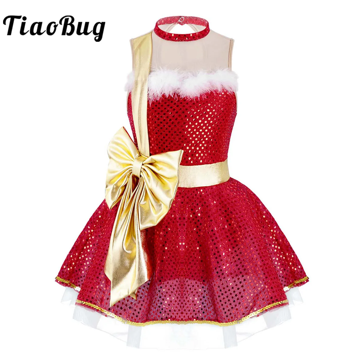 Kids Girls Sequins Ballet Leotard Dress Sleeveless Red Mesh Tutu Gymnastic Figure Skating Dress Christmas Costume Dancewear