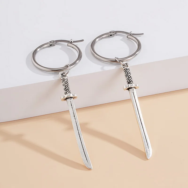 Vintage Creative Alloy Katana Knife Sword Dangle Earrings for Women Temperament Geometric Round Circle Earrings Jewelry Brincos