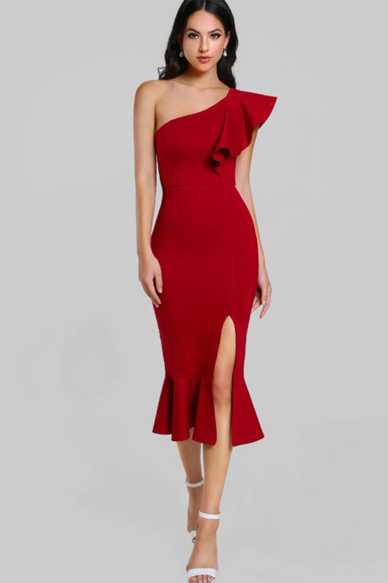 

New Women's Summer Fashion Sexy Temperament Slant Shoulder Split Slim Banquet Dress Fishtail Skirt