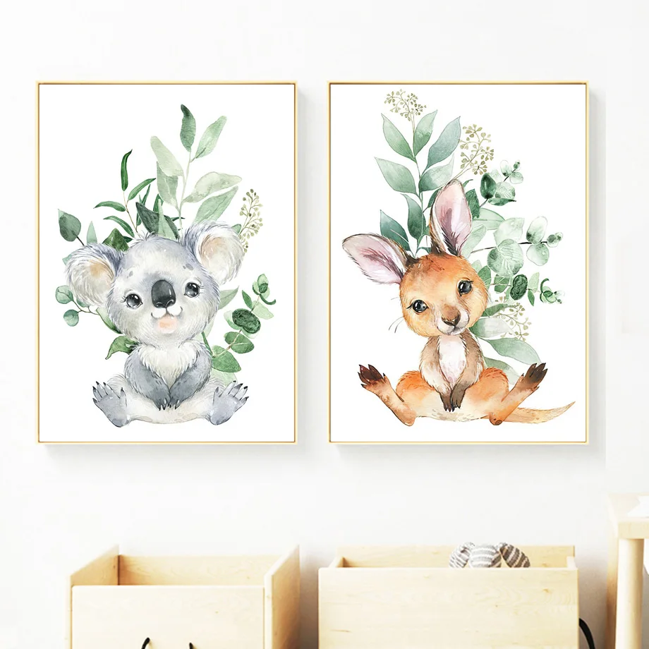 Koala Deer Duck Leaf Nursery Wall Art Canvas Painting Cartoon Nordic Posters And Prints Pictures Girl Boy Kids Room Decor | Дом и сад