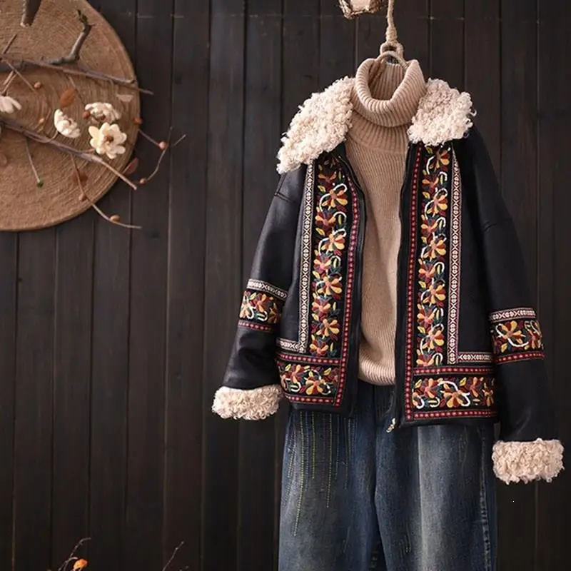 Зимняя куртка из искусственной кожи в стиле ретро женская верхняя одежда овечьей