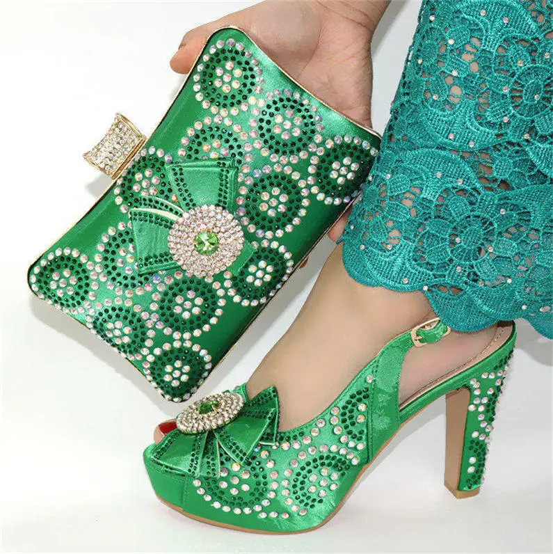 

High Quality African Fashion Rhinestone Shoes And Bag Set 2019 Hot Selling High Heels Shoes And Bag Set For Woman Dress