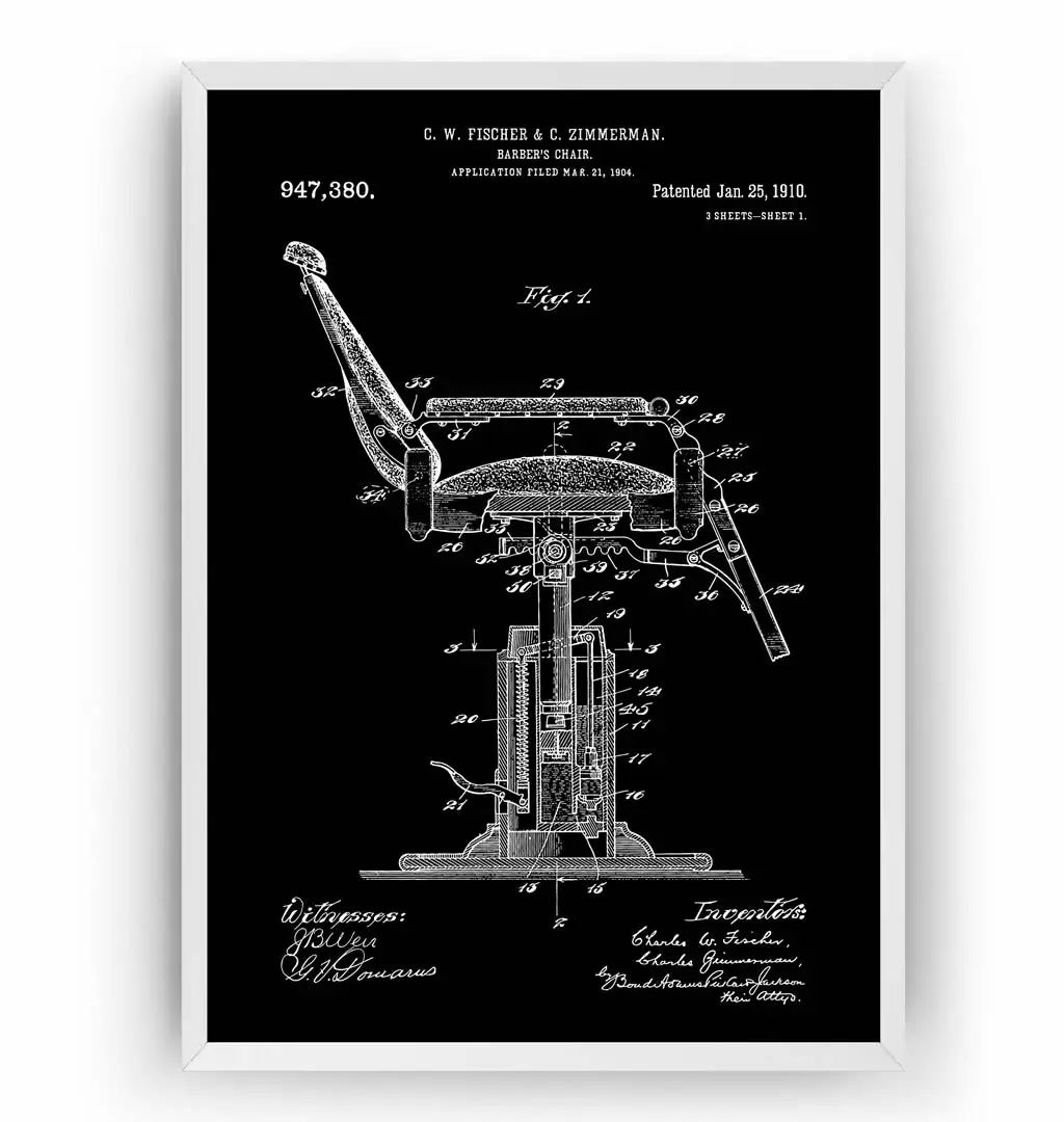 Винтажный парикмахерский стул 1910 запатентованный дизайн парикмахерской. Постер