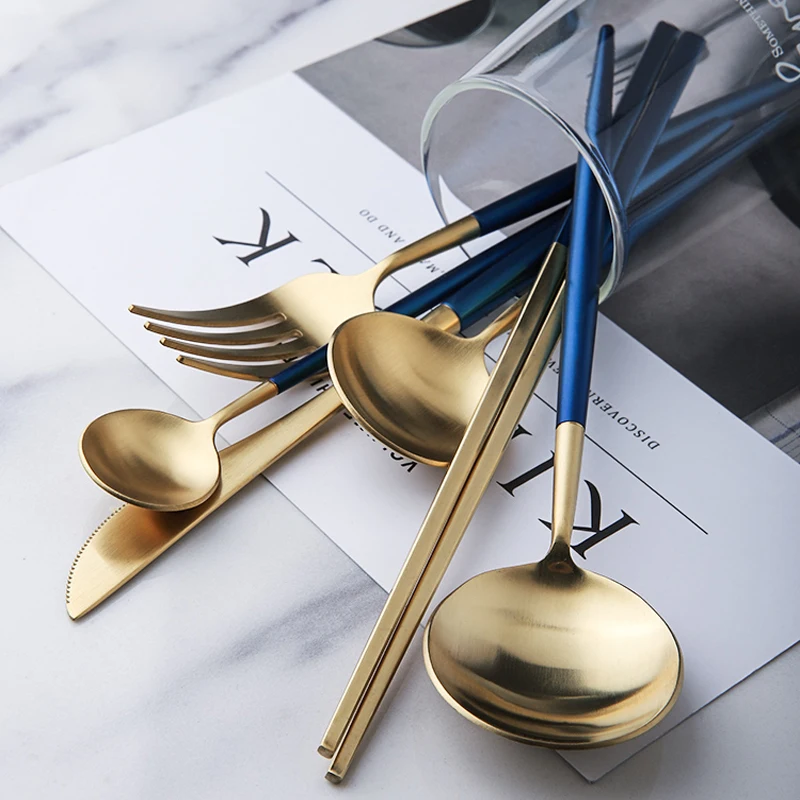Набор столовых приборов из нержавеющей стали обеденная ложка синего и золотого