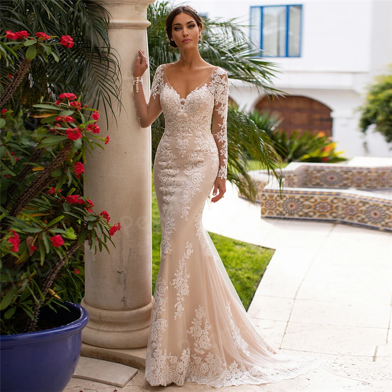 

Applique Backless Bridal Gowns Champagne Mermaid Wedding Dresses Elegant 2022 Arabic Long Sleeves V-neck Lace Vestido De Noiva
