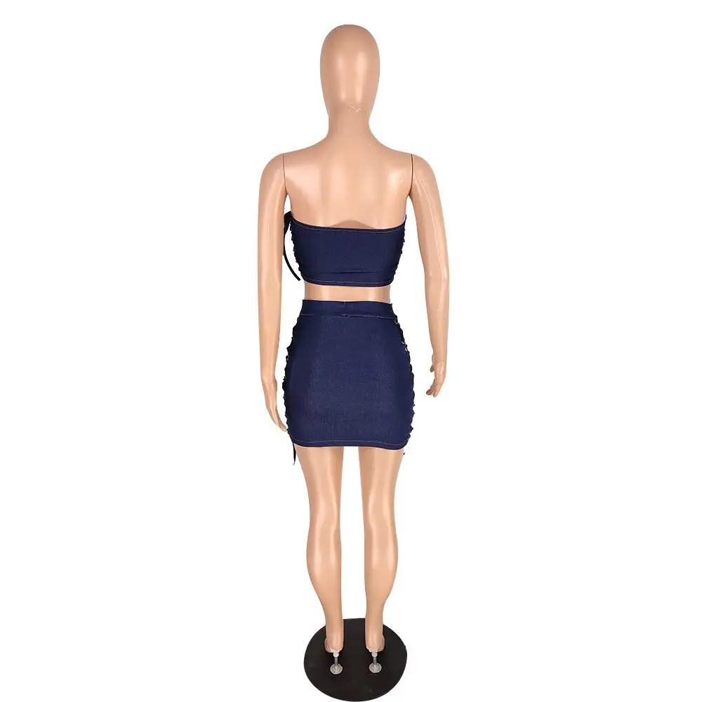 Женский джинсовый комплект повседневный топ на шнуровке с вырезом груди и юбка