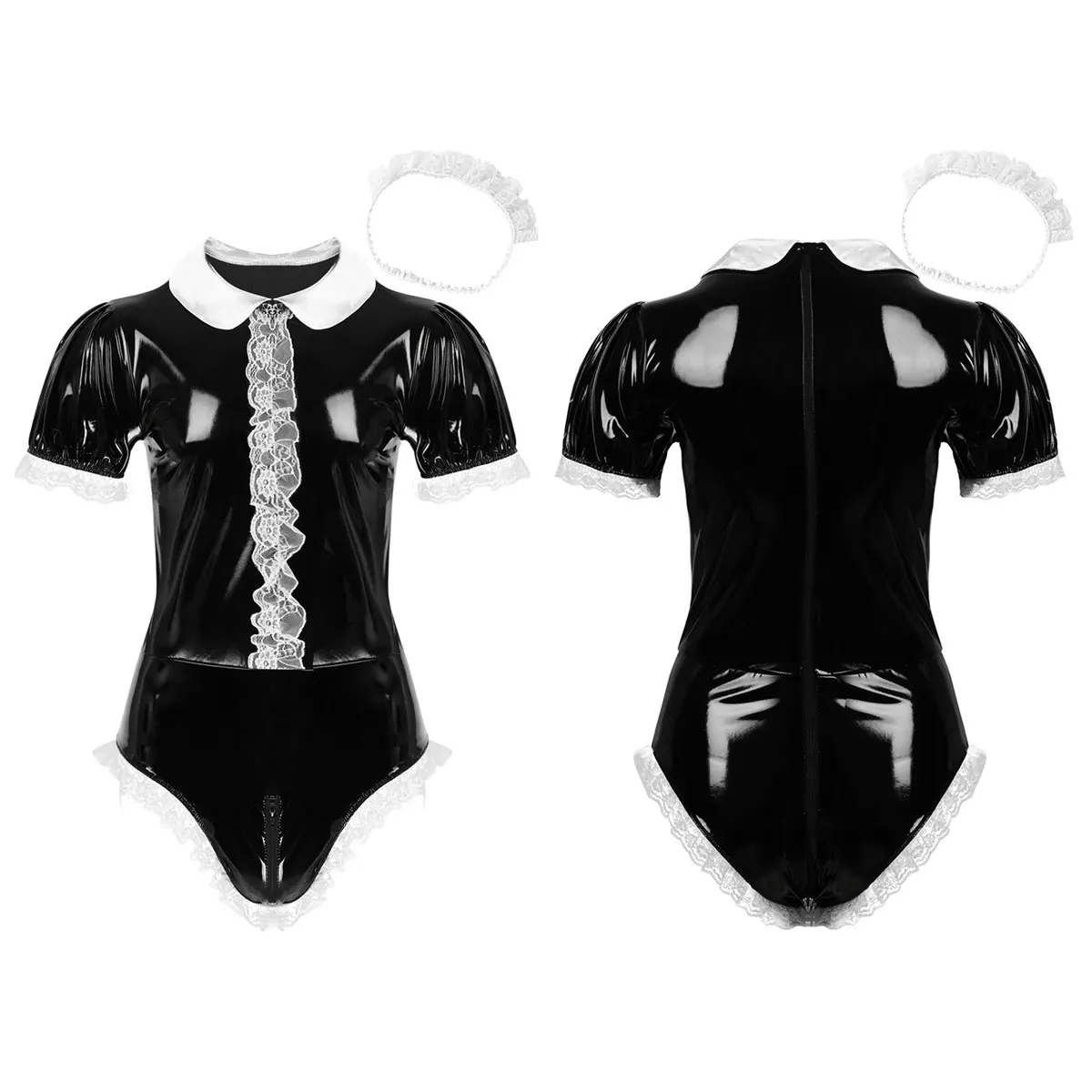 

Mens Wetlook Leather Gay Sissy Maid Dresses Cosplay Costume Collar Short Puff Sleeves Lace Trimmed Teddy Bodysuit with Headband