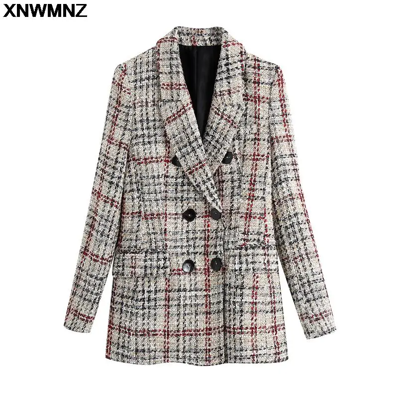 

XNWMNZ New 2021 Women Vintage Plaid Pattern Print Woolen Coat Female Chic Long Sleeve Double Breasted Outwear Jackets Tops