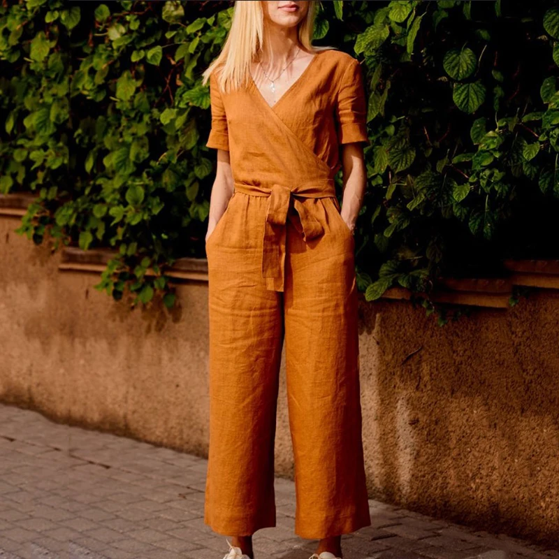 

3 Colors New Summer Soft Women Short Sleeve Wide Leg Loose Jumpsuit Summer Casual V-neck Pocket Overalls For Pregnant Woman Suit