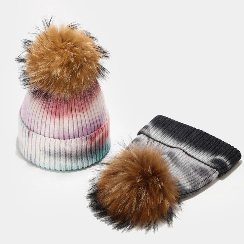 

New Women Winter Warm Ribbed Knit Beanie Hat with Detachable Fluffy Pompom Gradient Tie-Dye Harajuku Windproof Skull Cap