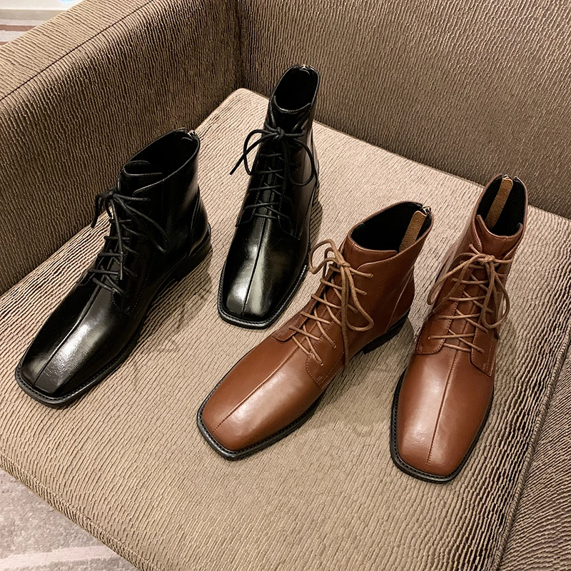 

High Heels Women Lace Up Casual Ankle Boots Shoes Woman 2020 New Autumn Winter Genuine Leather Women Western Boots