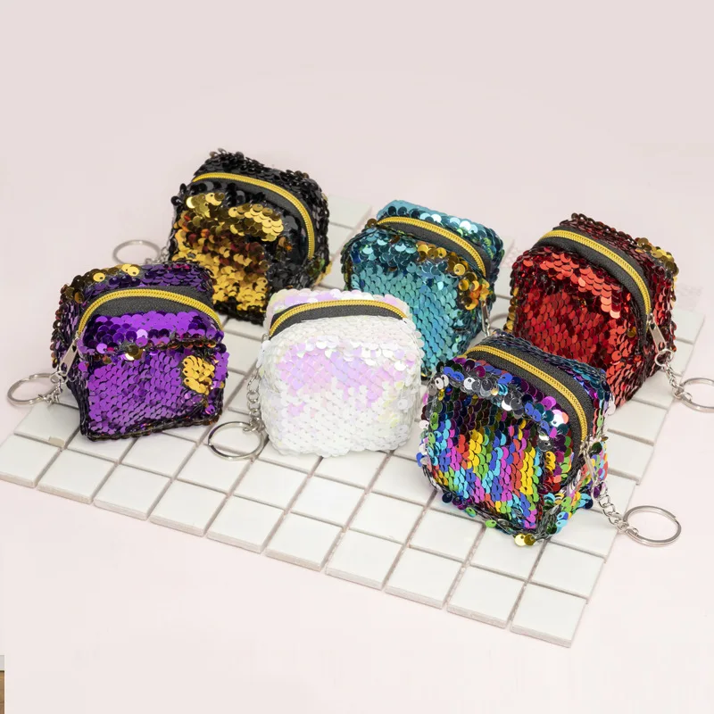 

Cute Women Ladies Small Mini Square Casual Sequin Glitter Coin Purse Zipper Wallet Holder Girls Handbag Storage Bag with Keyring