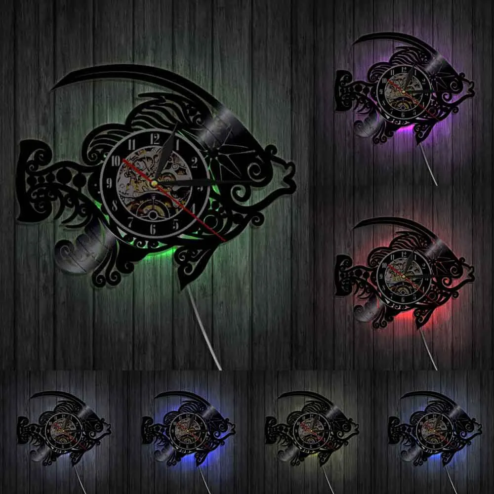 Настенные часы с рыбками виниловые ручной работы креативные для домашнего