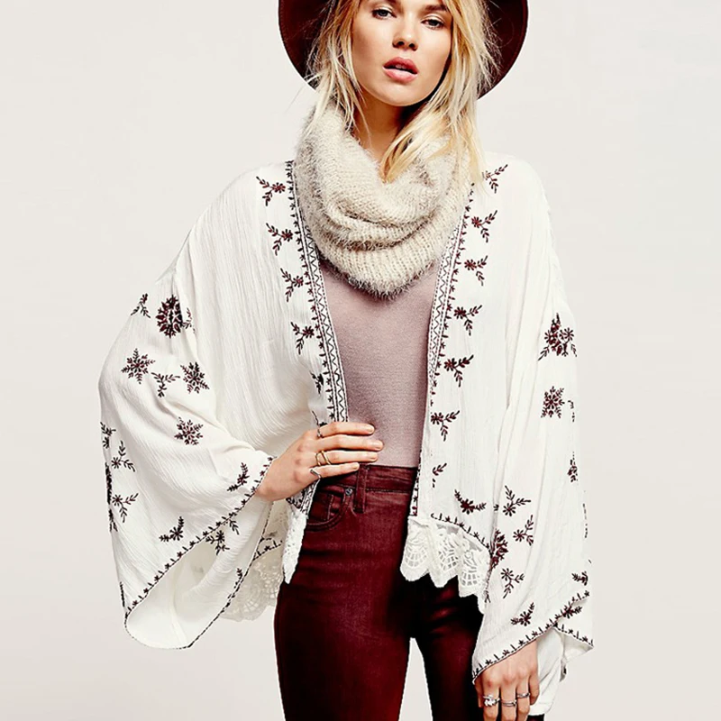 AYUALIN/пляжная блузка с длинным рукавом винтажная белая цветочной вышивкой летняя