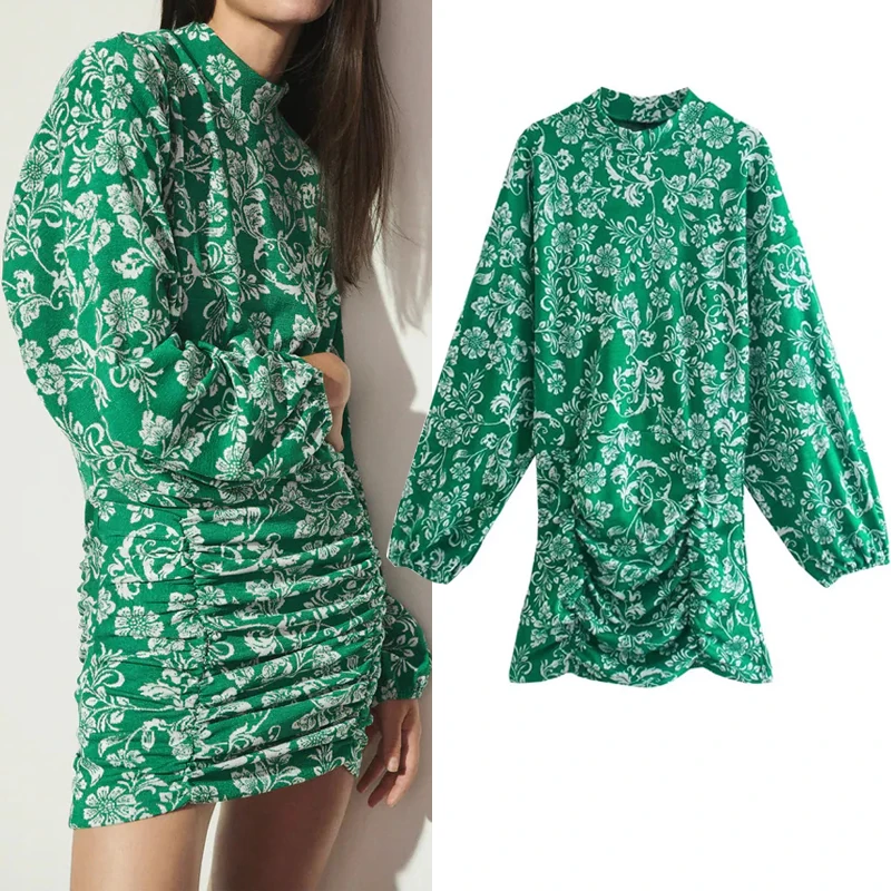

Za Dress 2021 Jacquard Green Dress Women Vintage Floral Short Dresses Woman Autumn Pleated Long Puff Sleeve Elegant Dresses