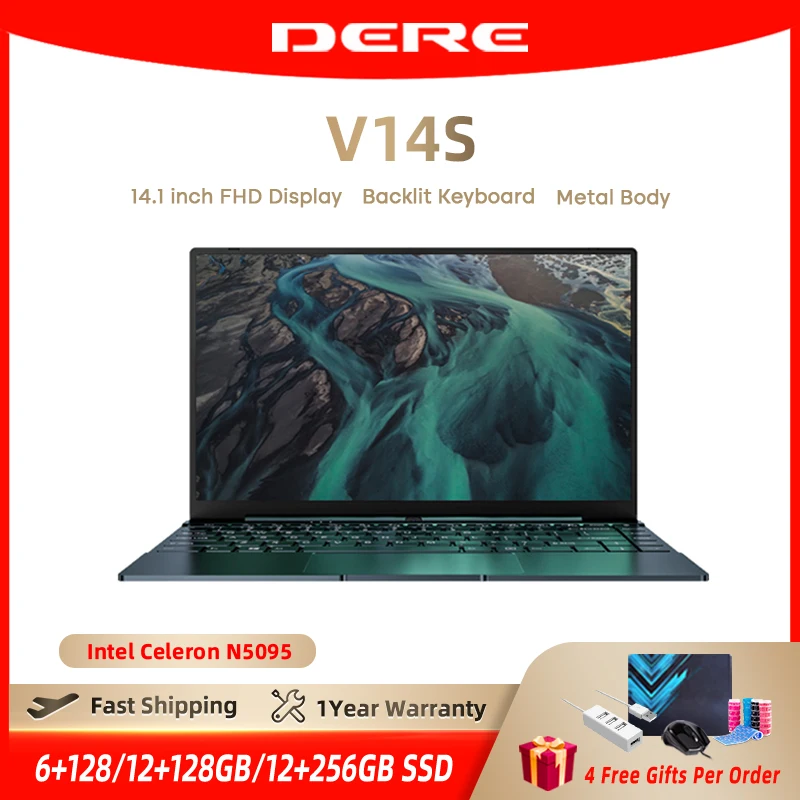 

Ноутбук DERE V14S, Intel Celeron N5095, 14,1 дюймов, ноутбук с подсветкой, Windows 10, мини-ПК с 12 Гб 128/256 ГБ для бизнеса