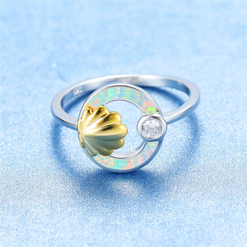 

Vintage Female Round White Opal Party Ring Charm Crystal Silver Color Engagement Ring Trendy Gold Shell Wedding Rings For Women