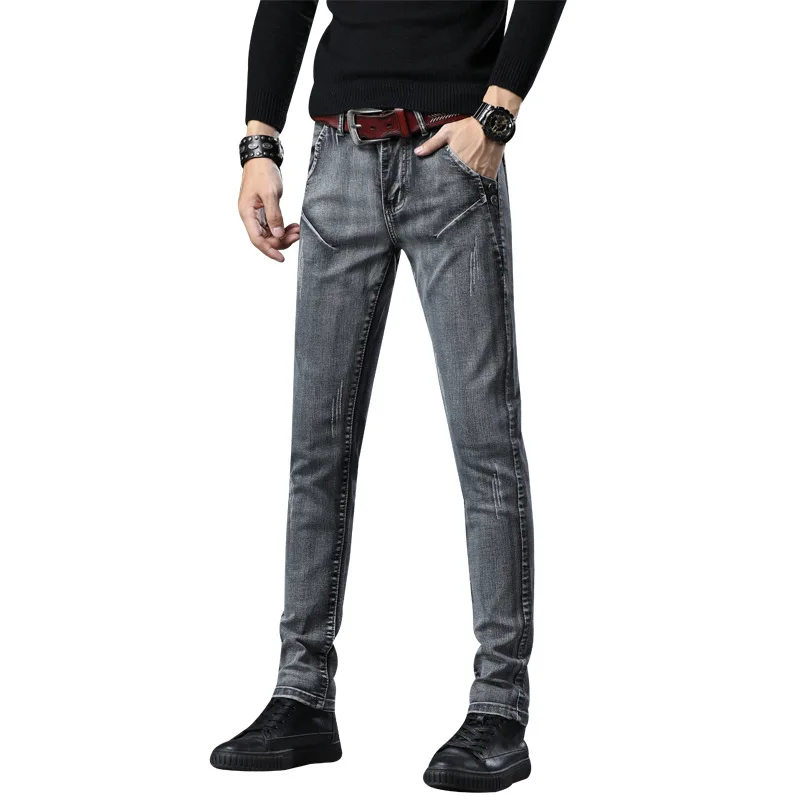 

2019 New Mens Denim Jeans Straight Full Length Pants with High Elasticity Slim Pants for Man Fashion Mid-waist Jeans