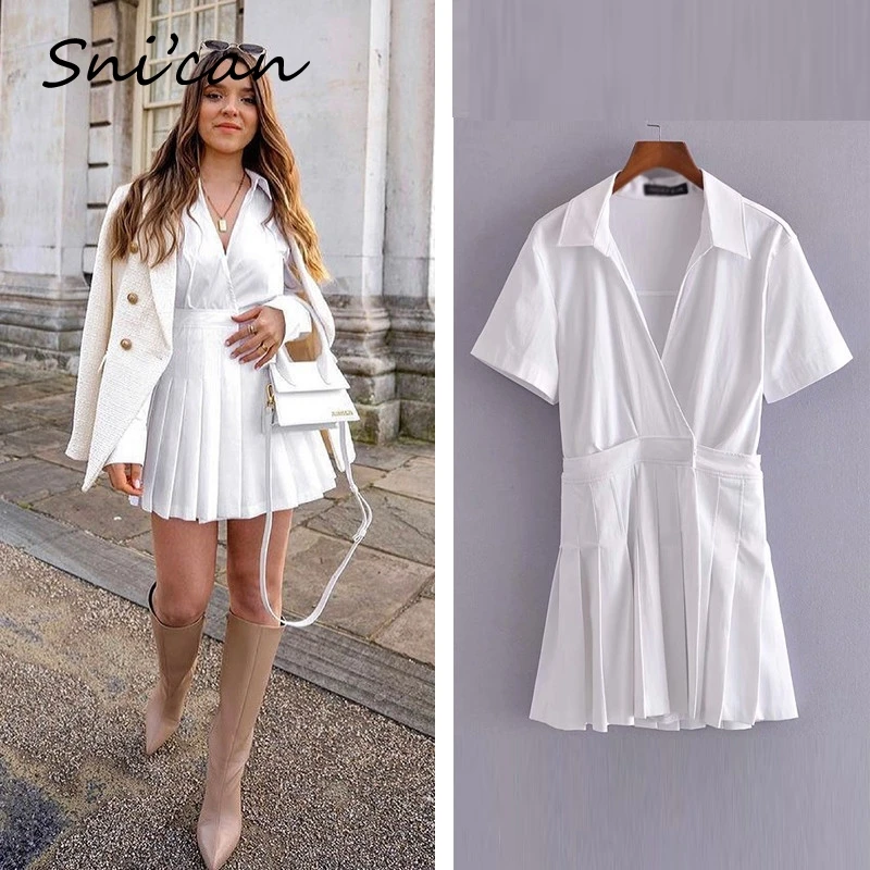 

Sncian White V Neck Pleated Dress Spring Short Sleeve Elegant Mini Robes Femme Za Women 2021 Vestidos Mujer Sukienka Letnia New