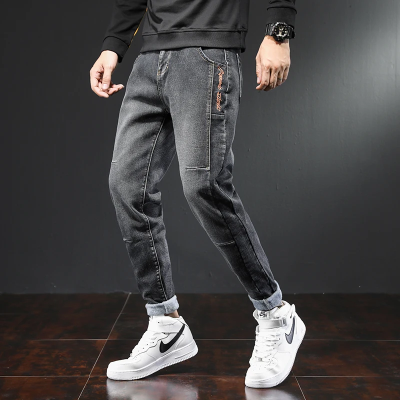 New Men's High Quality Autumn Winter Black Fleece Jeans Casual Thick Warm Denim Pants Slim Fit Streetwear Plus Velvet Trousers