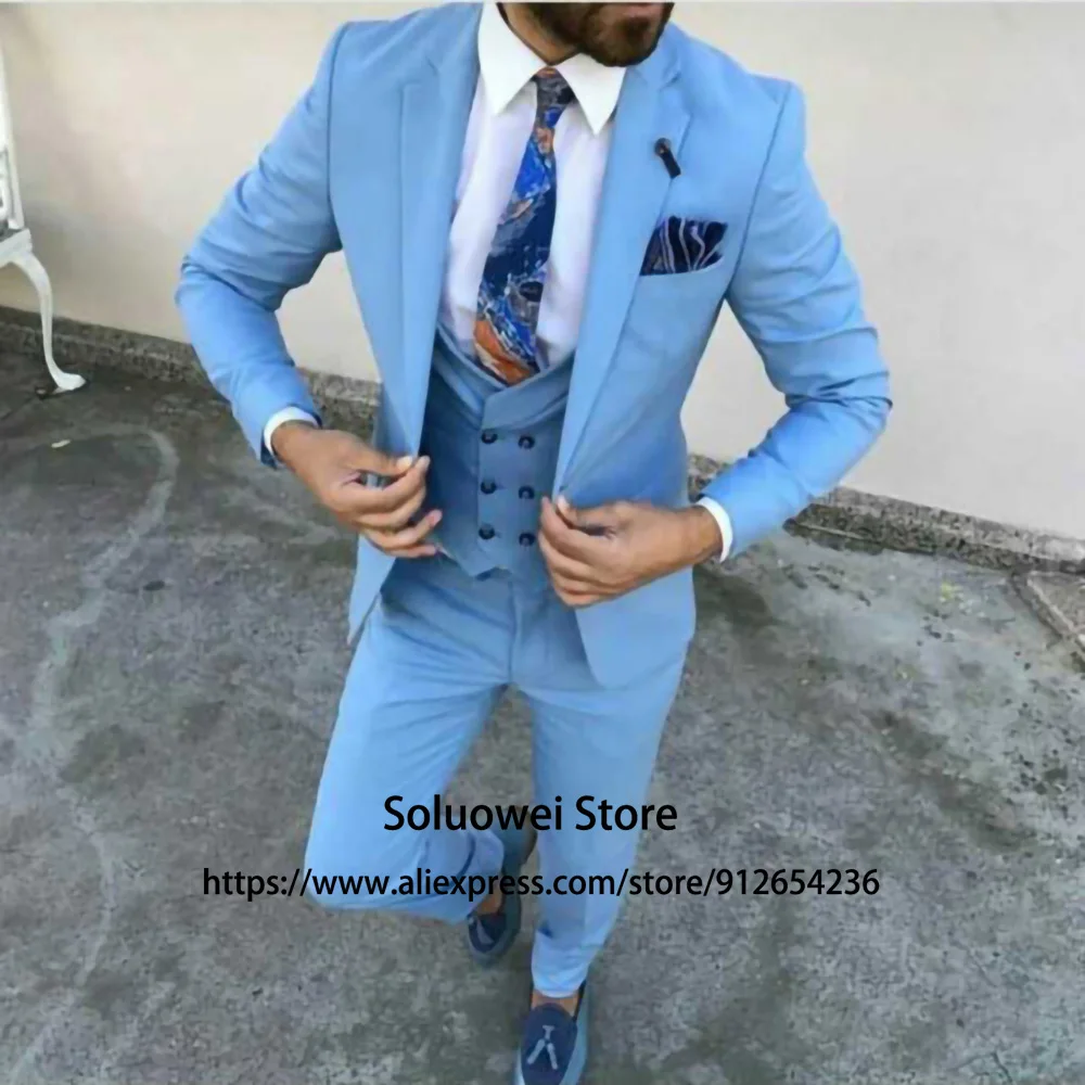 Фото Модные светло-голубые облегающие мужские костюмы двубортный комплект из 3
