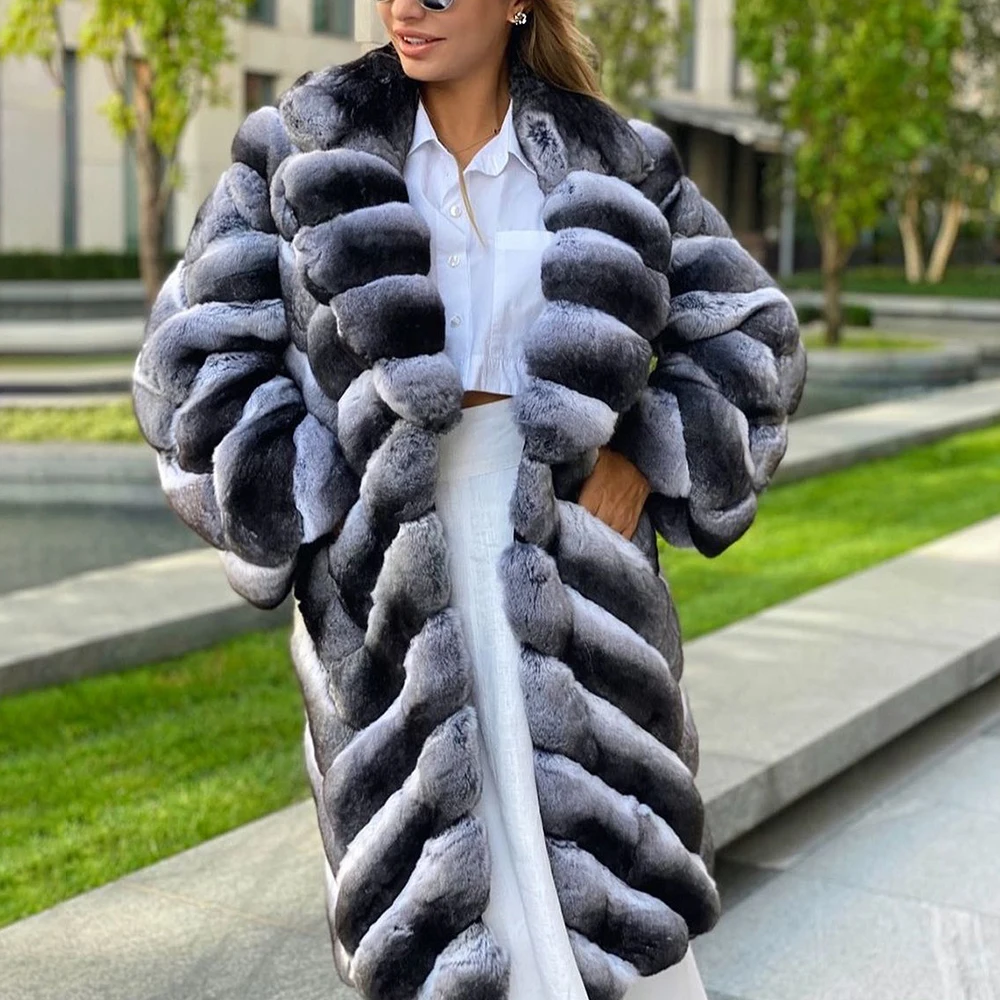 2022 Trendy Women Natural Rex Rabbit Fur Coat With Turn-down Collar Fashion Whole Skin Genuine Rex Rabbit Fur Long Coats Outwear enlarge