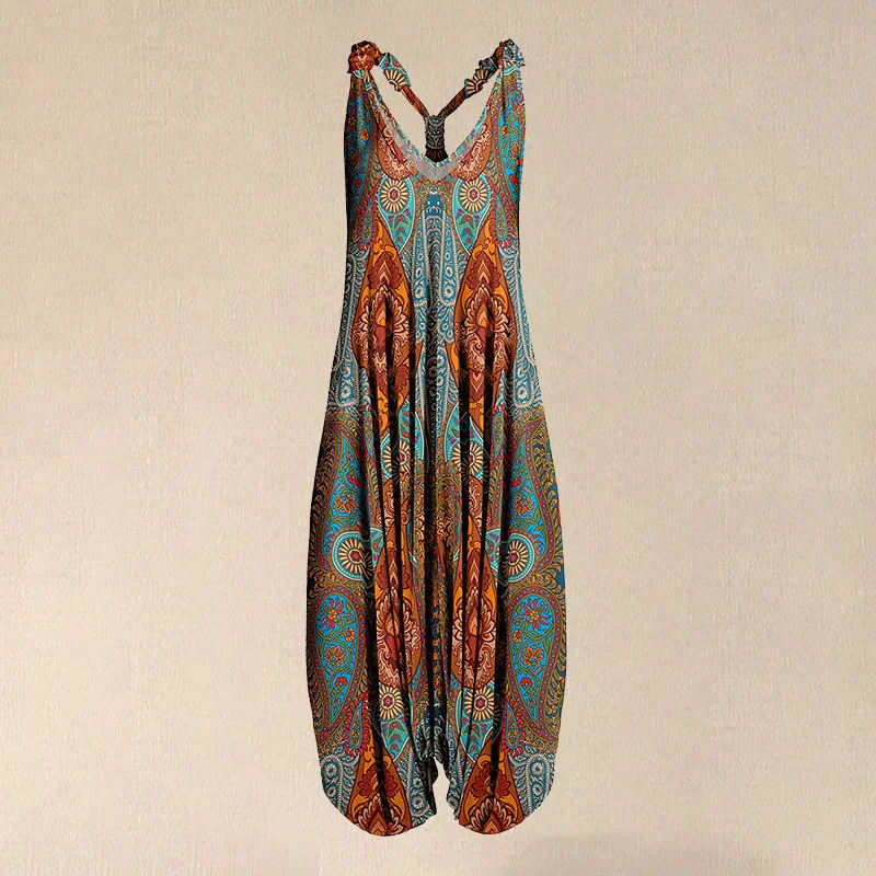 

2021 Summer V Neck Floral Print Racerback Harem Jumpsuit Spaghetti Fashion Vintage Overall Straps Long Jumpsuit Trousers