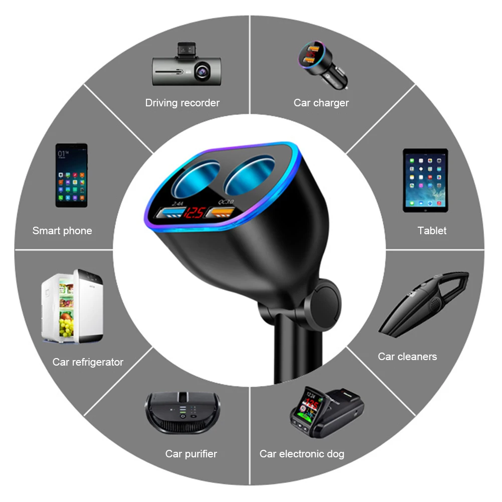 car charger 1224v lighter adapter splitter with dual usb digital voltmeter led night light qc 3 0 fast charge for phone tablet free global shipping