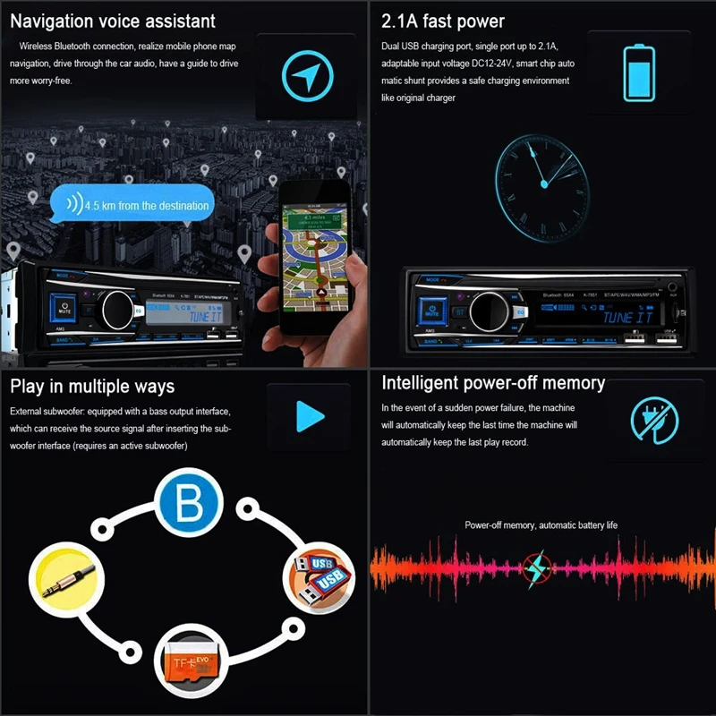 Автомобильный MP3 плеер автомобильное радио 1 DIN 2.1A двойной USB быстрая зарядка Bluetooth