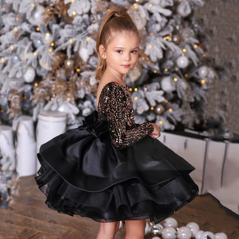 

Bling Bling Flower Girl Dress Long Sleeves Backless Scoop Neck Ruffles Tiered Girl's Black Party Gown Christmas Pageant Dresses
